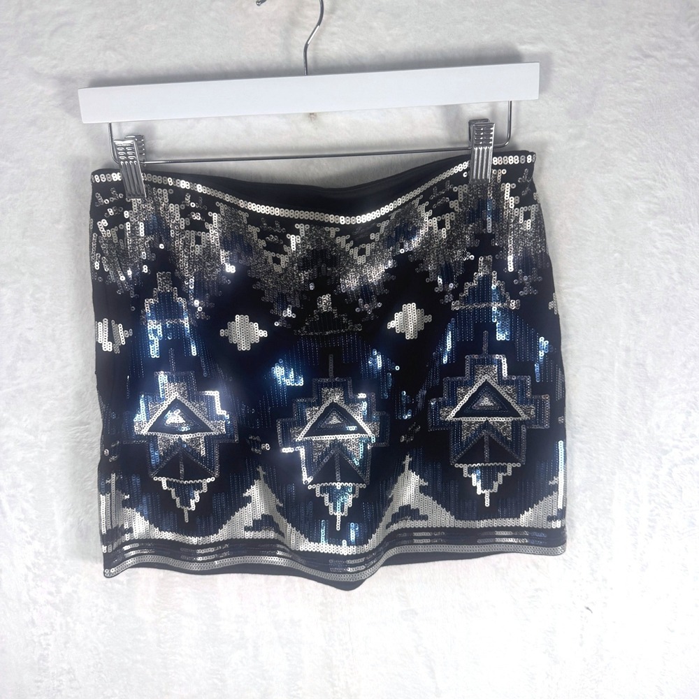 Express Mini Skirt Sequin Geometric Aztec Small Black‎ Silver Blue Womens